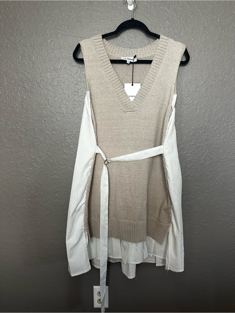 En Saison Beige Knit Vest Midi Dress with White Shirt Panels